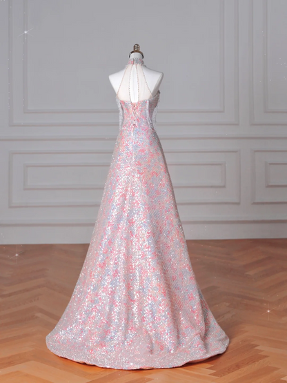 Hermoso vestido de fiesta de noche con lentejuelas rosas y cuentas, corte en A, Y8637