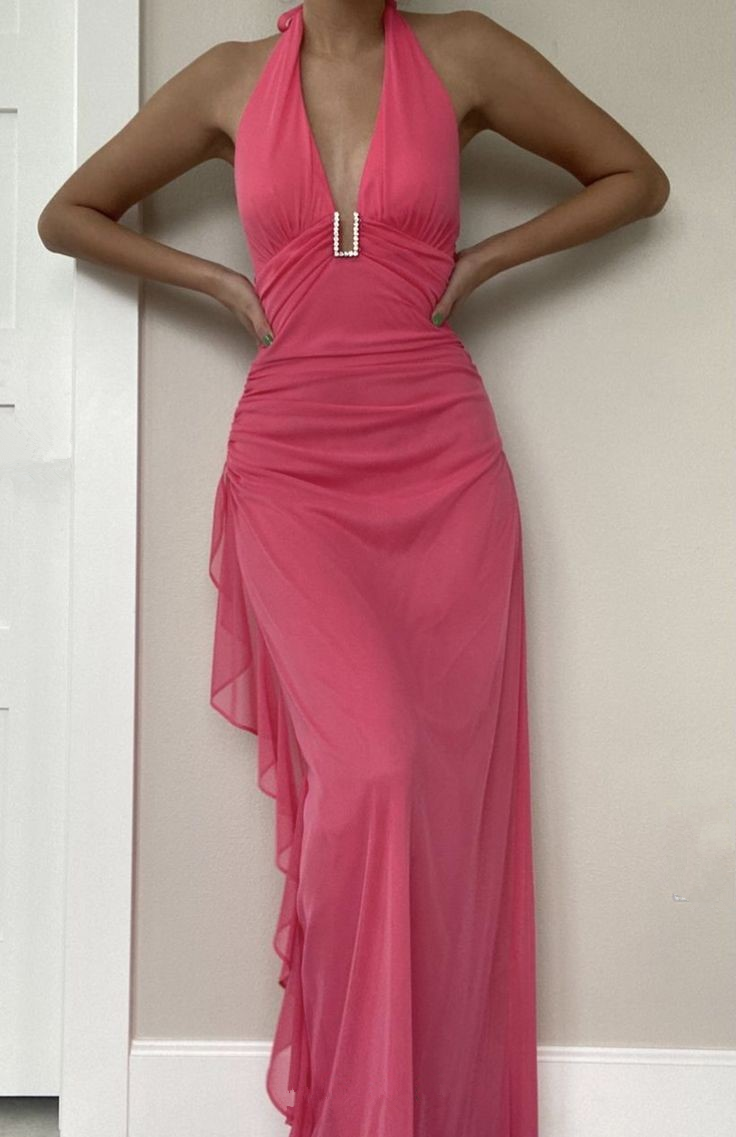Vestido de noche con cuello en V y volantes de gasa rosa Y7783