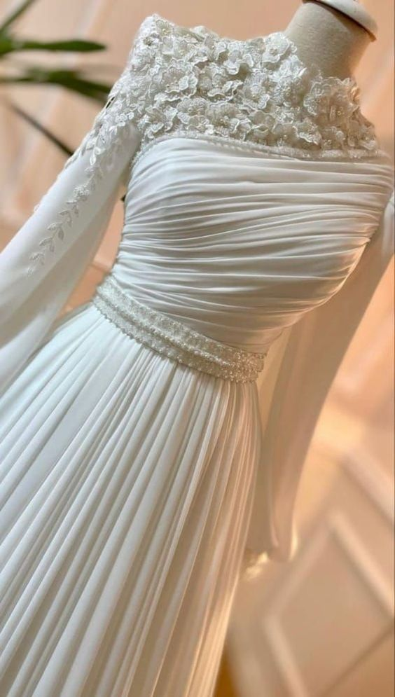 Muslimisches Hochzeitskleid mit langen Ärmeln und Perlen, Chiffon-Applikationen, lange, plissierte Brautkleider Y6727