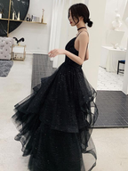 Glänzendes schwarzes Ballkleid mit V-Ausschnitt, rückenfreies schwarzes Abendkleid mit V-Ausschnitt Y1148