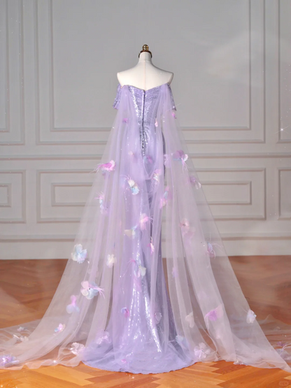 Vestido de noche con abertura y corte sirena, de tul con cuentas y lentejuelas color lila brillante, hombros descubiertos, apliques de tul, vestido de fiesta Y8632