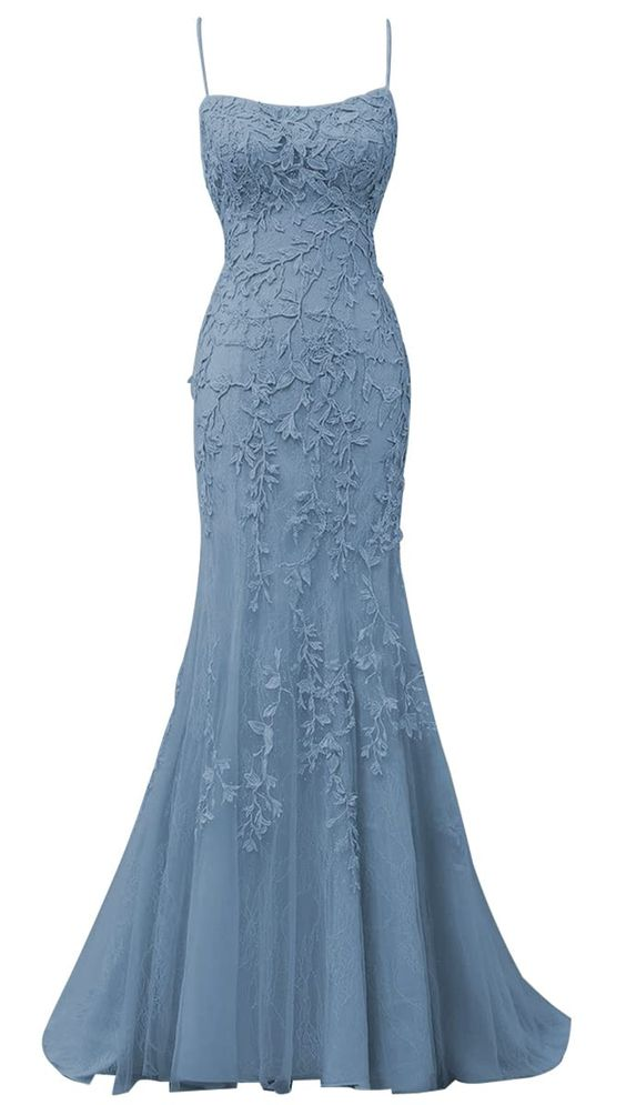 Spaghettiträger Meerjungfrau Spitzenapplikationen Tüll Ballkleider Langes Criss Cross Rückenfreies Abendkleid Y7383