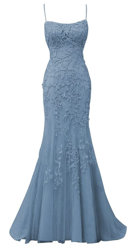 Spaghettiträger Meerjungfrau Spitzenapplikationen Tüll Ballkleider Langes Criss Cross Rückenfreies Abendkleid Y7383