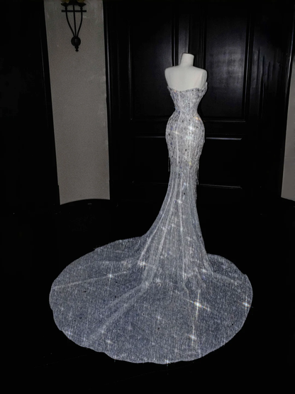 Funkelndes trägerloses Tüll-Pailletten-Abendkleid mit Quaste, Schlitz, Meerjungfrau-Abschlussballkleid, Hochzeitskleid Y8674