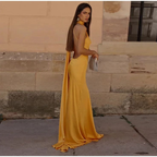Gelbes Satin Rückenfreies Off-Shoulder Langes Ballkleid Abendkleid Y8466