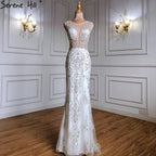 Luxus Elfenbein Meerjungfrau Abendkleider Kleider 2025 Perlen Elegant Mit Zug Formales Kleid LA71109 