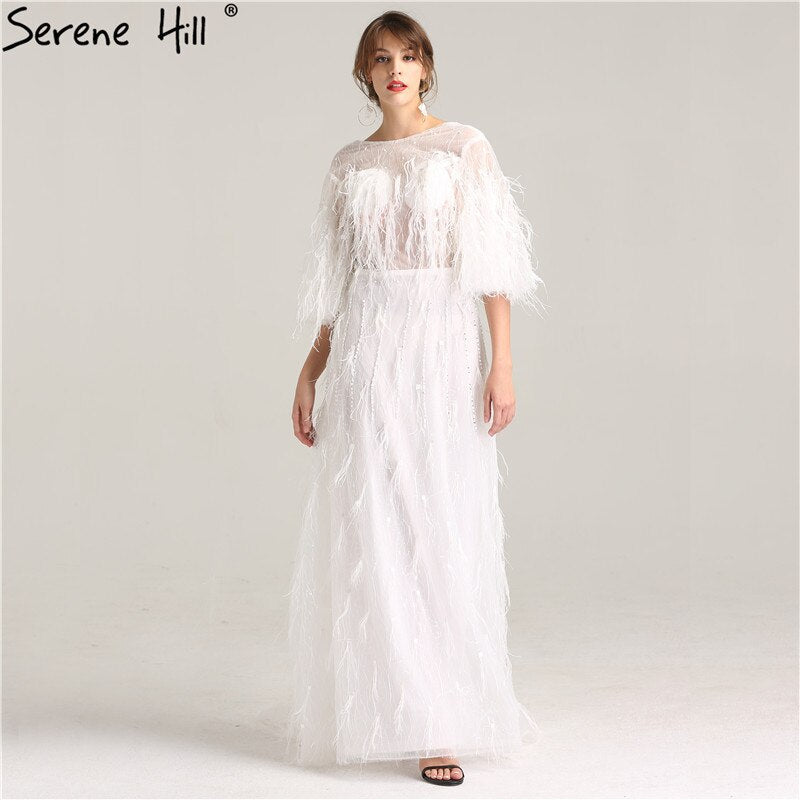 En oferta, sin devolución ni reembolso. Oferta, vestidos de noche de media manga con borlas de plumas de ensueño 2025, vestidos de noche formales sexys de moda con perlas blancas LA6225
