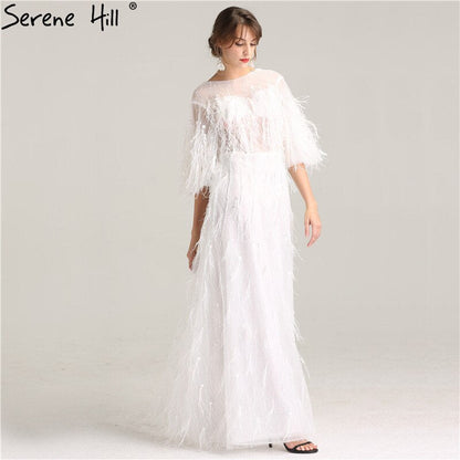 En oferta, sin devolución ni reembolso. Oferta, vestidos de noche de media manga con borlas de plumas de ensueño 2025, vestidos de noche formales sexys de moda con perlas blancas LA6225