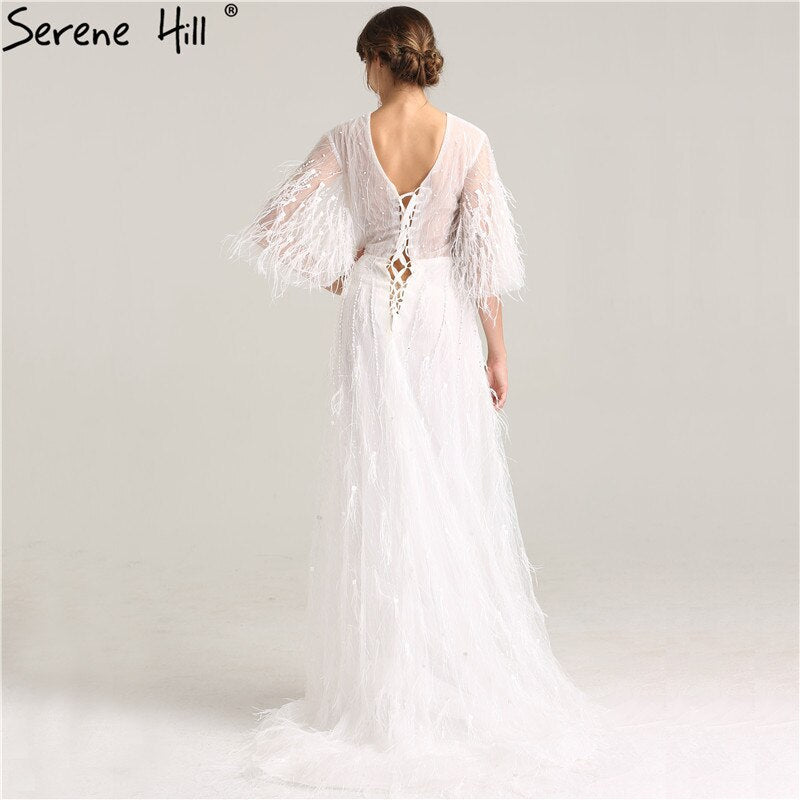 En oferta, sin devolución ni reembolso. Oferta, vestidos de noche de media manga con borlas de plumas de ensueño 2025, vestidos de noche formales sexys de moda con perlas blancas LA6225