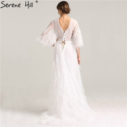 En oferta, sin devolución ni reembolso. Oferta, vestidos de noche de media manga con borlas de plumas de ensueño 2025, vestidos de noche formales sexys de moda con perlas blancas LA6225