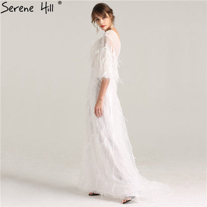 En oferta, sin devolución ni reembolso. Oferta, vestidos de noche de media manga con borlas de plumas de ensueño 2025, vestidos de noche formales sexys de moda con perlas blancas LA6225