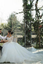 Half sleeves lace V-neck A-line Princess Wedding Dress