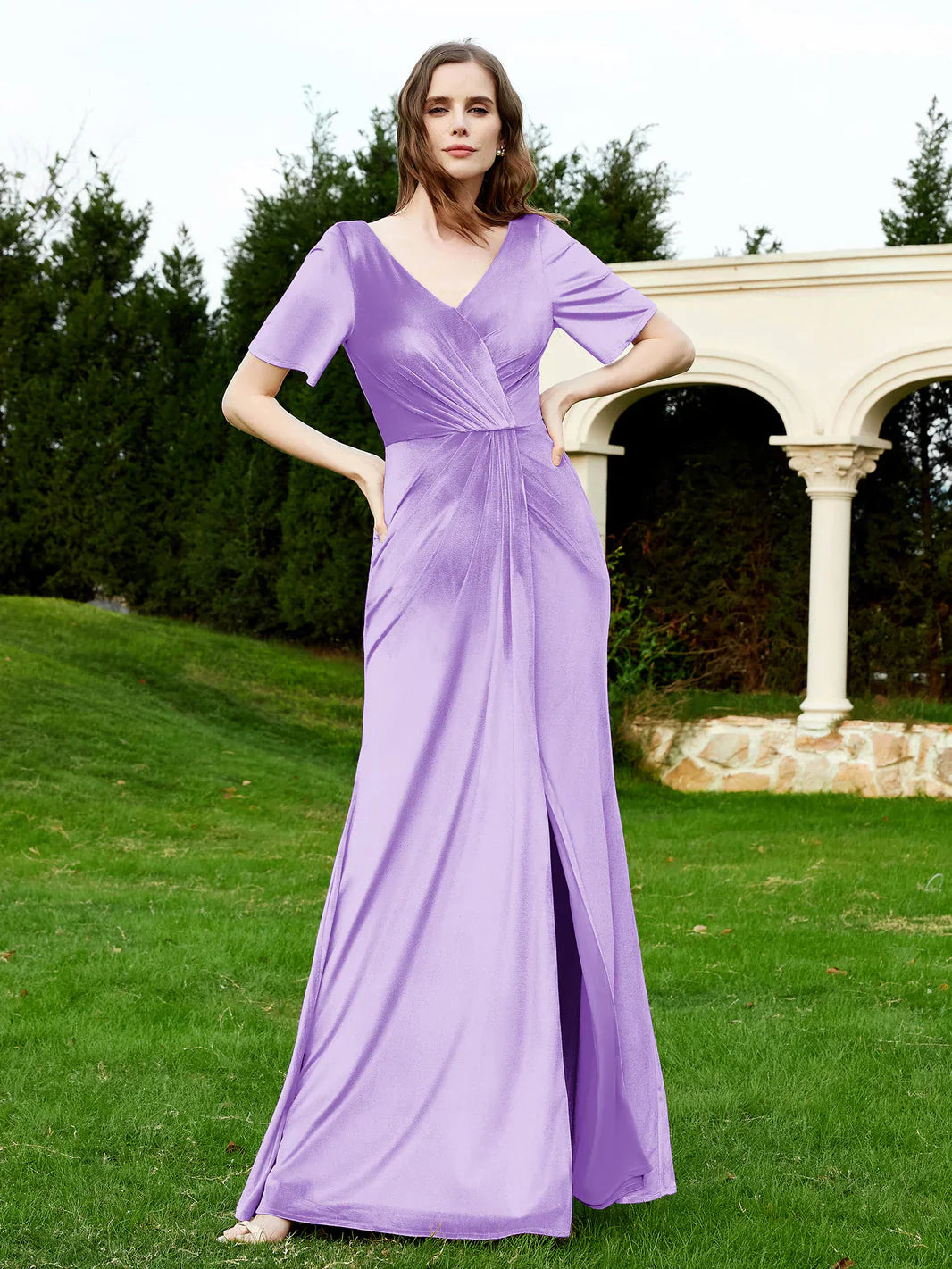Kurzärmliges Ballkleid mit V-Ausschnitt und hohem Schlitz, Brautjungfernkleid SCB181