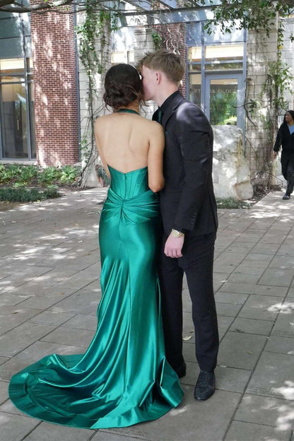 Josie | Navy Halter Corset Mermaid Plunging Deep V-neck Ruched Long Formal Dress with Slit