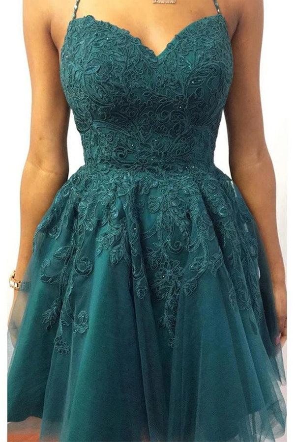 Vestidos de fiesta cortos de encaje verde esmeralda con cuello halter, vestidos de regreso a casa PD448