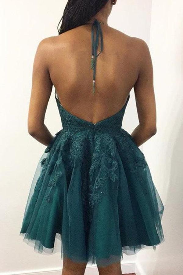 Vestidos de fiesta cortos de encaje verde esmeralda con cuello halter, vestidos de regreso a casa PD448