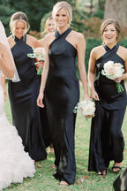 Vestido de dama de honor largo blanco con escote halter y espalda abierta BD120