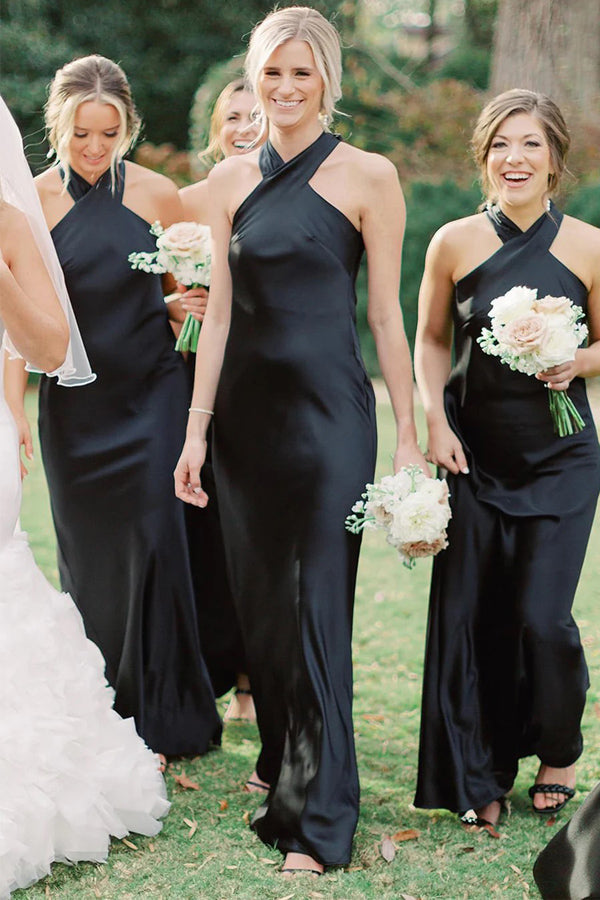 Vestido de dama de honor largo blanco con escote halter y espalda abierta BD120