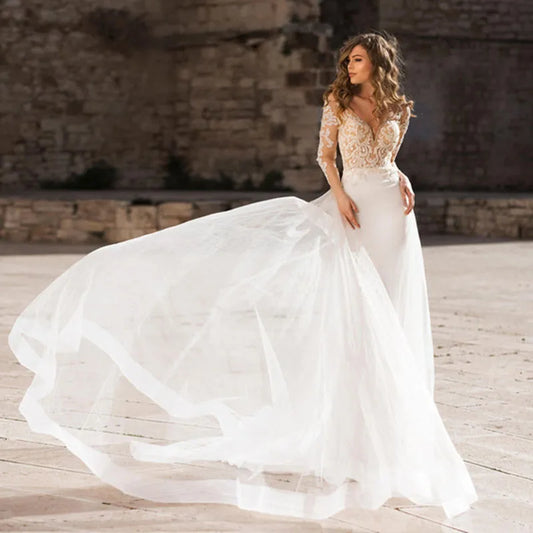 Haute Couture Luxury Elegant White Satin Long Sleeve Backless Sweep Train Deep V-Neck Mermaid Backless Embroidery Wedding Dress-payinti