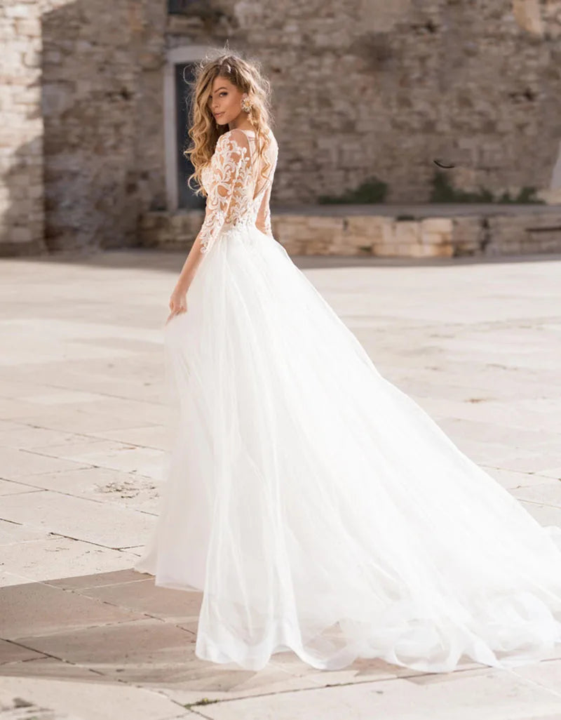 Haute Couture Luxury Elegant White Satin Long Sleeve Backless Sweep Train Deep V-Neck Mermaid Backless Embroidery Wedding Dress-payinti