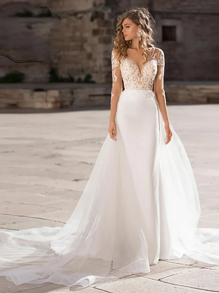 Haute Couture Luxury Elegant White Satin Long Sleeve Backless Sweep Train Deep V-Neck Mermaid Backless Embroidery Wedding Dress-payinti