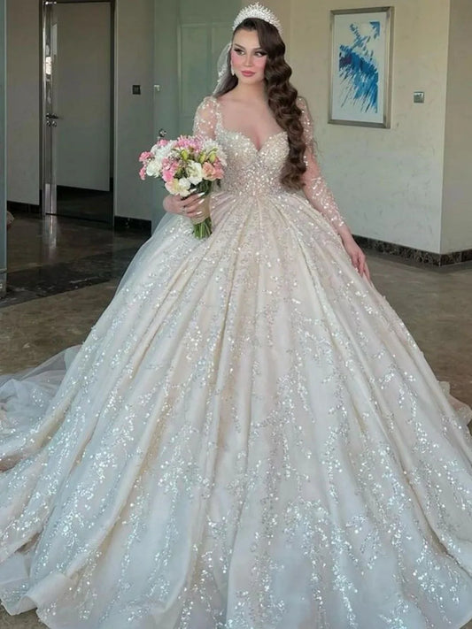 Haute Couture Romantic white The Bride Dress With Long Sleeve Lace Beading Sequin V-Neck Floor-Length Bespoke Wedding Dress-payinti