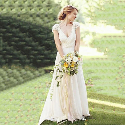 Haute Couture White 3D Appliques Bride Dress Deep V-Neck Backless Satin Sweep Train A-LINE Bespoke Wedding Dress-payinti