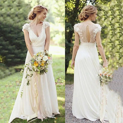 Haute Couture White 3D Appliques Bride Dress Deep V-Neck Backless Satin Sweep Train A-LINE Bespoke Wedding Dress-payinti