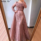 Vestido de noche musulmán rosa largo de sirena con cola, de lujo, para mujer, vestido formal de fiesta 2025 LA70541 