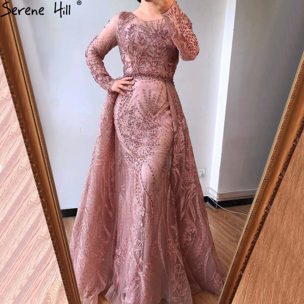 Vestido de noche musulmán rosa largo de sirena con cola, de lujo, para mujer, vestido formal de fiesta 2025 LA70541 