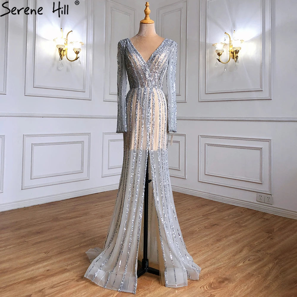 Silber Blau Meerjungfrau Split Abendkleider Kleider 2025 Perlen Elegante Luxus Für Frauen Party LA71392 