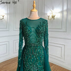Vestidos de noche musulmanes verdes con cola, vestidos de sirena con cuentas, elegantes y lujosos para mujer, fiesta LA71107 