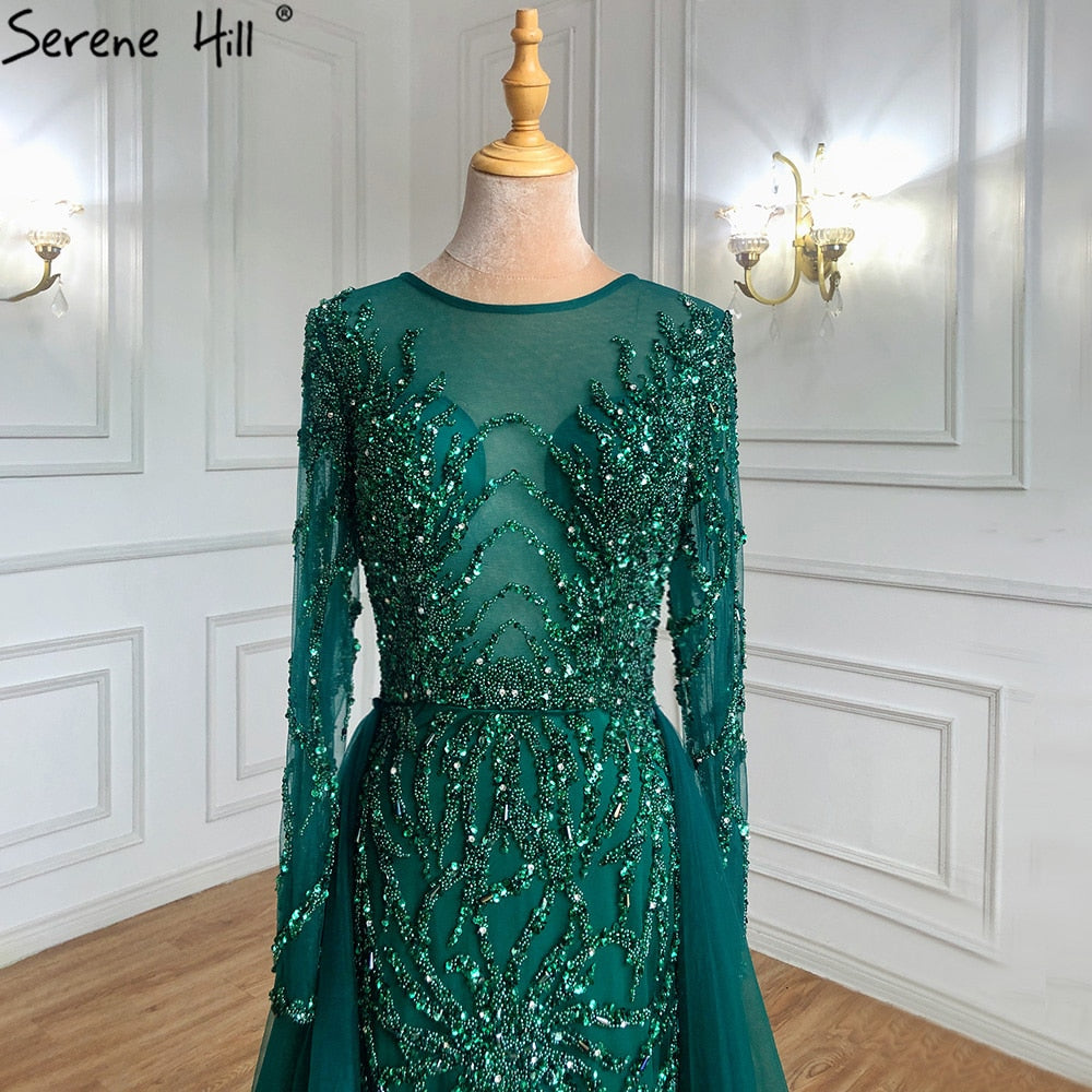 Vestidos de noche musulmanes verdes con cola, vestidos de sirena con cuentas, elegantes y lujosos para mujer, fiesta LA71107 