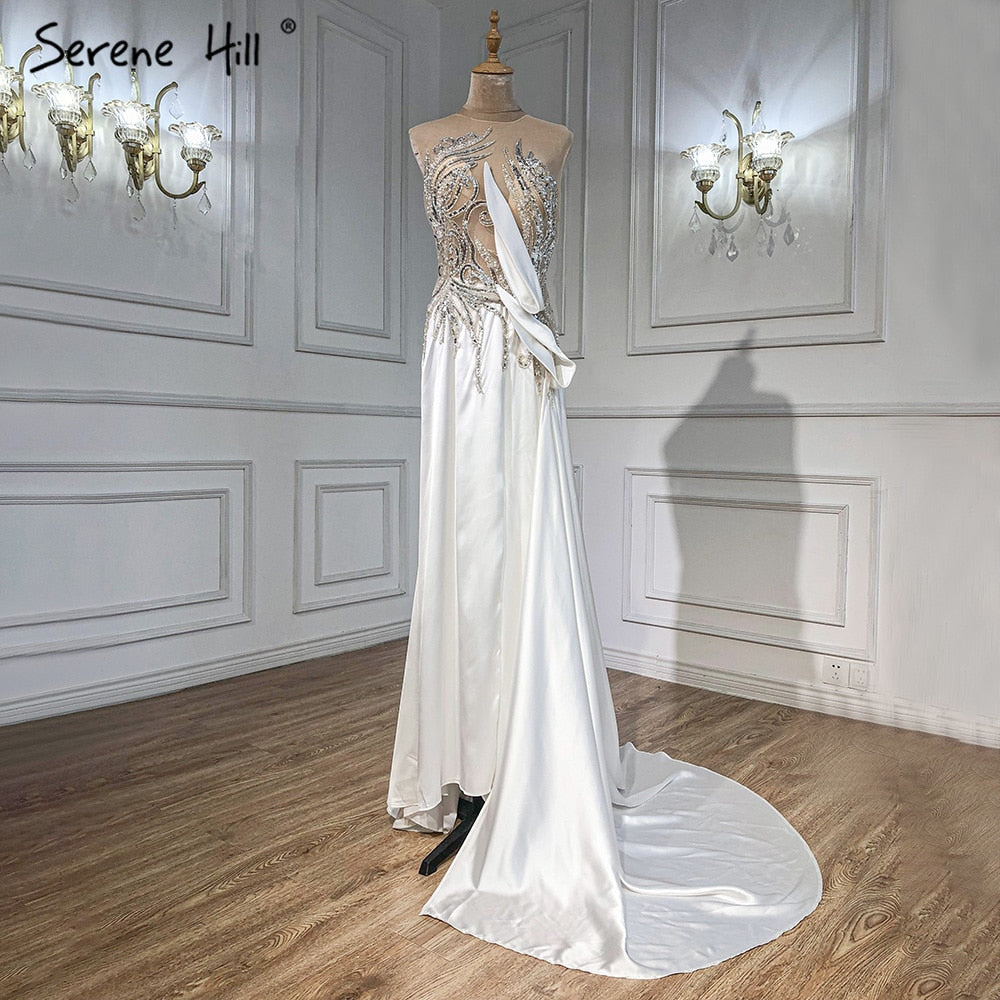 Vestido de noche con sobrefalda de sirena beige, elegante, de satén con cuentas, para mujer, fiesta, LA71199 