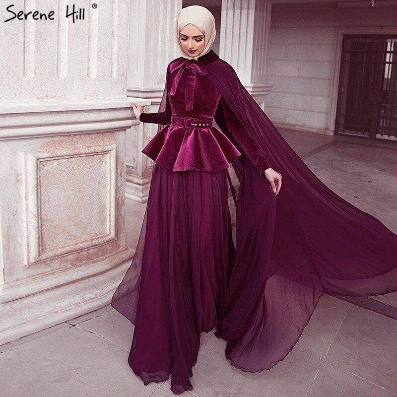 En oferta, sin devolución ni reembolso. Vestidos de noche musulmanes de manga larga en rojo vino 2025, con chal largo y fajas, corte A, sencillos, LA70278. 