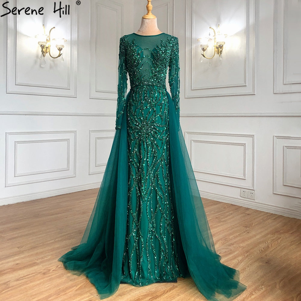 Vestidos de noche musulmanes verdes con cola, vestidos de sirena con cuentas, elegantes y lujosos para mujer, fiesta LA71107 