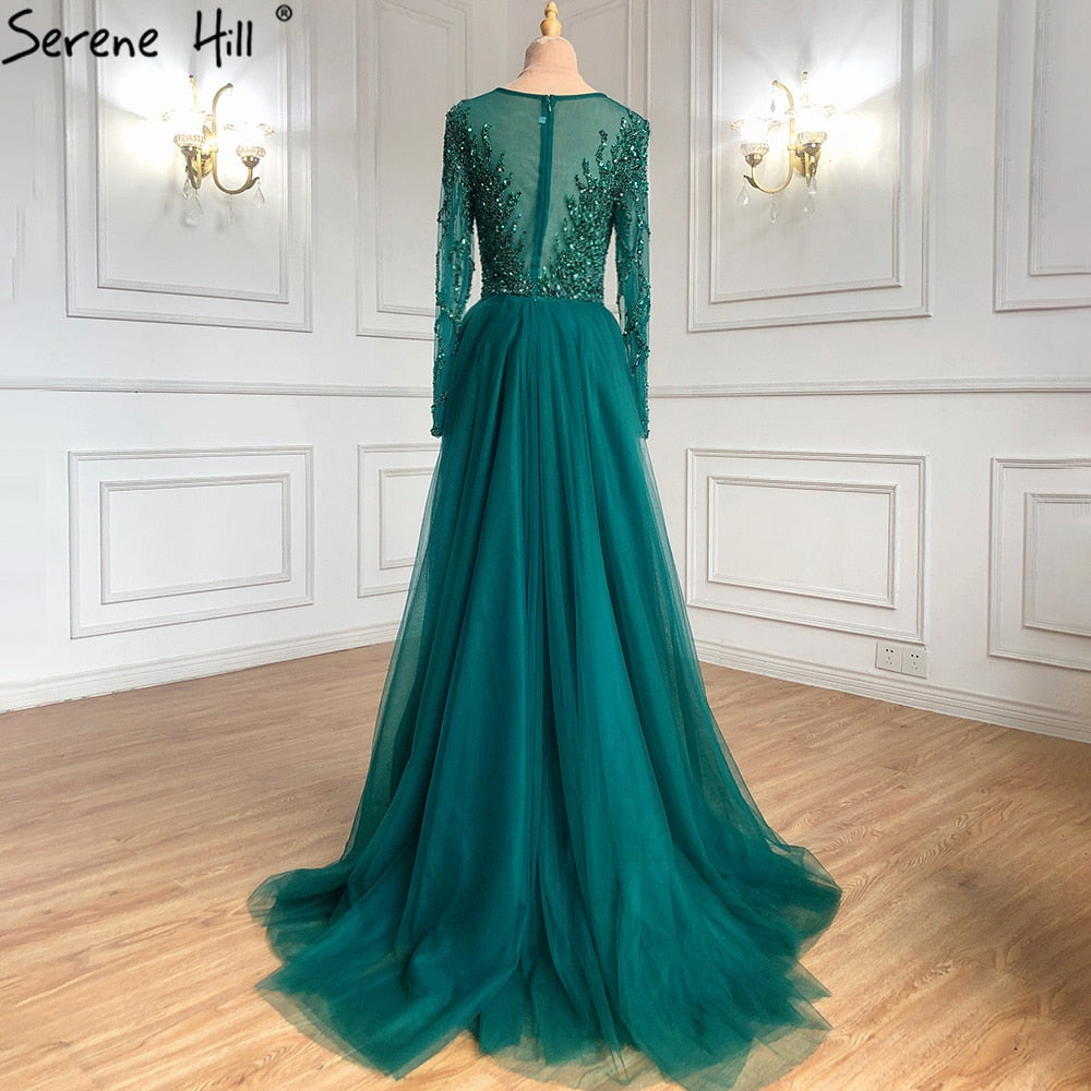 Vestidos de noche musulmanes verdes con cola, vestidos de sirena con cuentas, elegantes y lujosos para mujer, fiesta LA71107 
