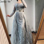 Vestido de noche musulmán rosa largo de sirena con cola, de lujo, para mujer, vestido formal de fiesta 2025 LA70541 
