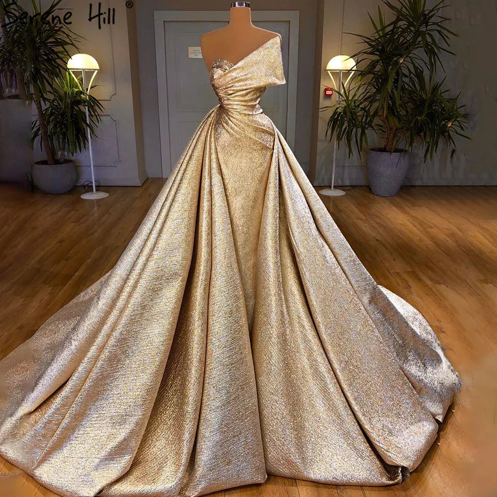 Vestido de noche estilo sirena dorado de Dubái con sobrefalda LA70626A