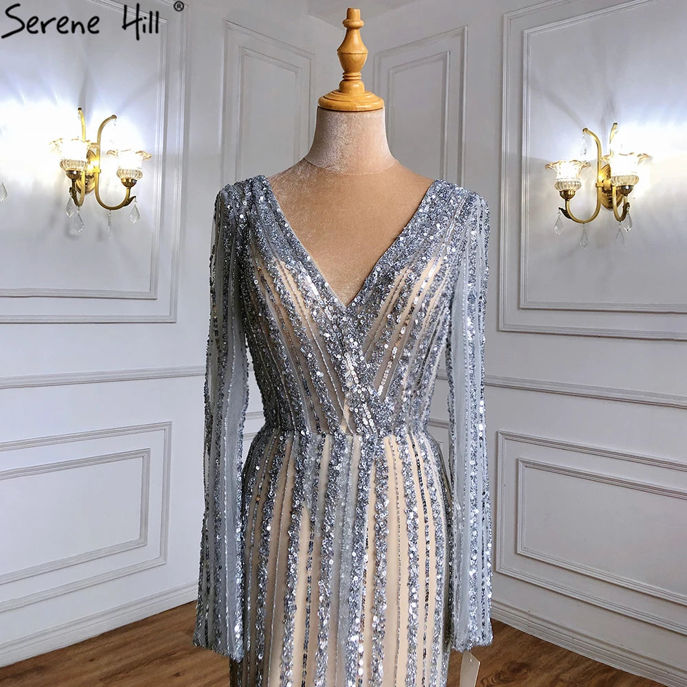 Silber Blau Meerjungfrau Split Abendkleider Kleider 2025 Perlen Elegante Luxus Für Frauen Party LA71392 