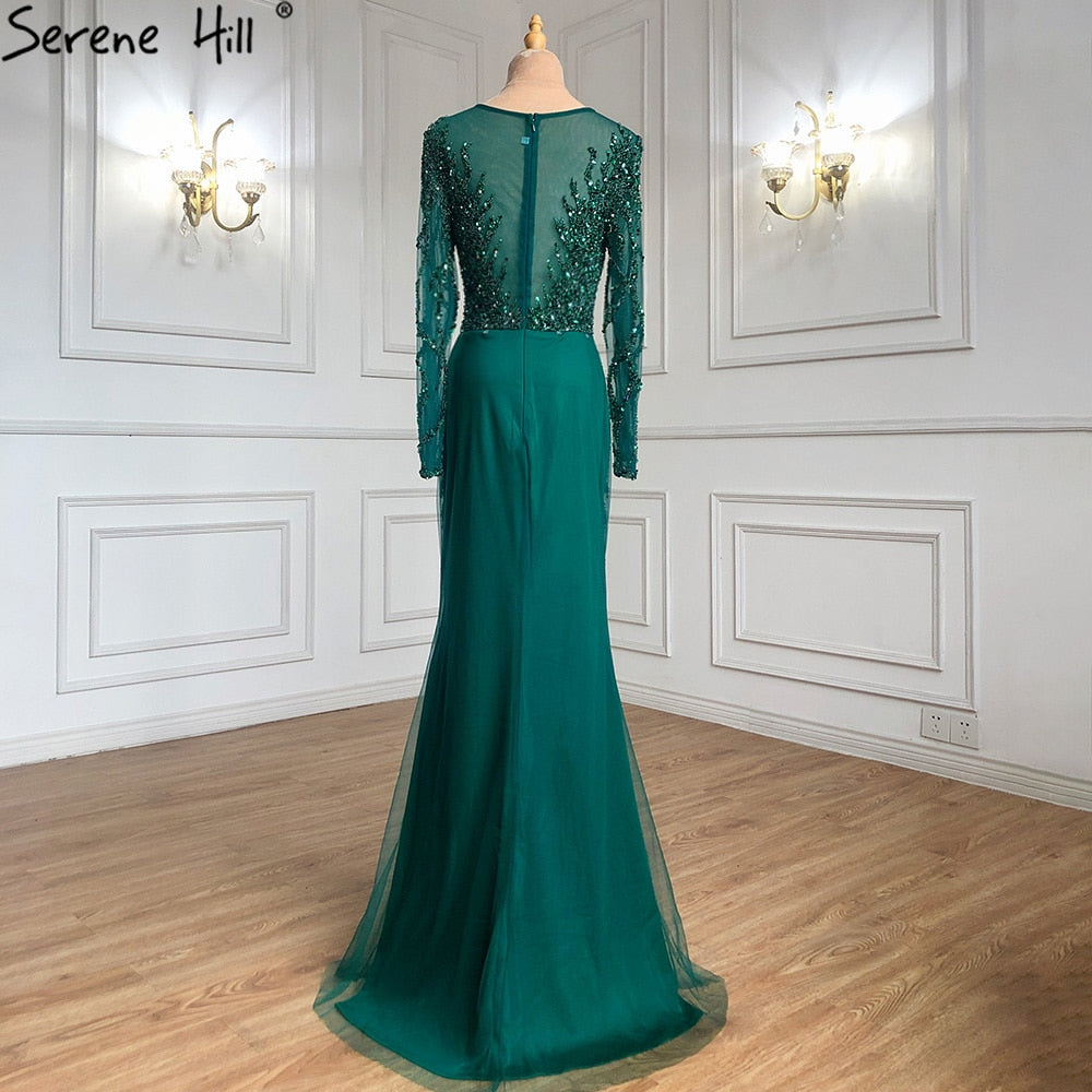 Vestidos de noche musulmanes verdes con cola, vestidos de sirena con cuentas, elegantes y lujosos para mujer, fiesta LA71107 