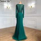 Vestidos de noche musulmanes verdes con cola, vestidos de sirena con cuentas, elegantes y lujosos para mujer, fiesta LA71107 