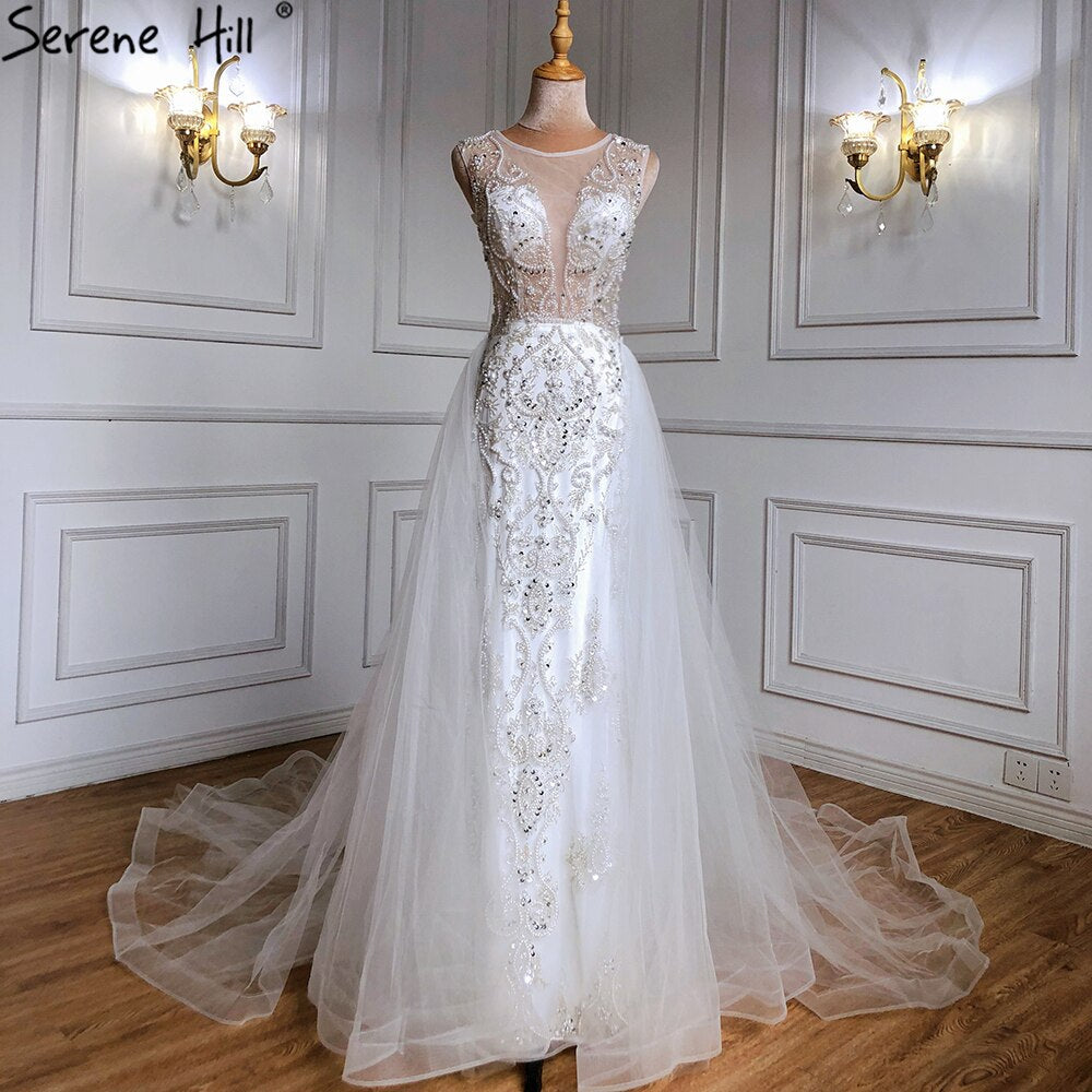 Luxus Elfenbein Meerjungfrau Abendkleider Kleider 2025 Perlen Elegant Mit Zug Formales Kleid LA71109 