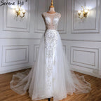 Luxus Elfenbein Meerjungfrau Abendkleider Kleider 2025 Perlen Elegant Mit Zug Formales Kleid LA71109 