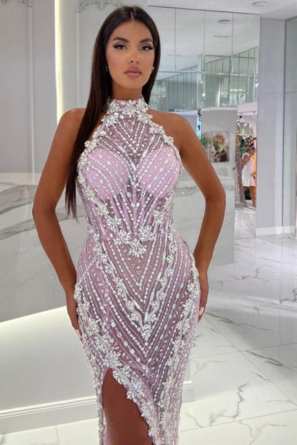 High Neck Pink Unique Mermaid High Split Prom Dress