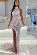Vestido de fiesta de sirena con cuello alto, único, rosa y abertura alta