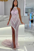 Vestido de fiesta de sirena con cuello alto, único, rosa y abertura alta