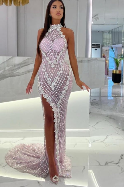 Vestido de fiesta de sirena con cuello alto, único, rosa y abertura alta