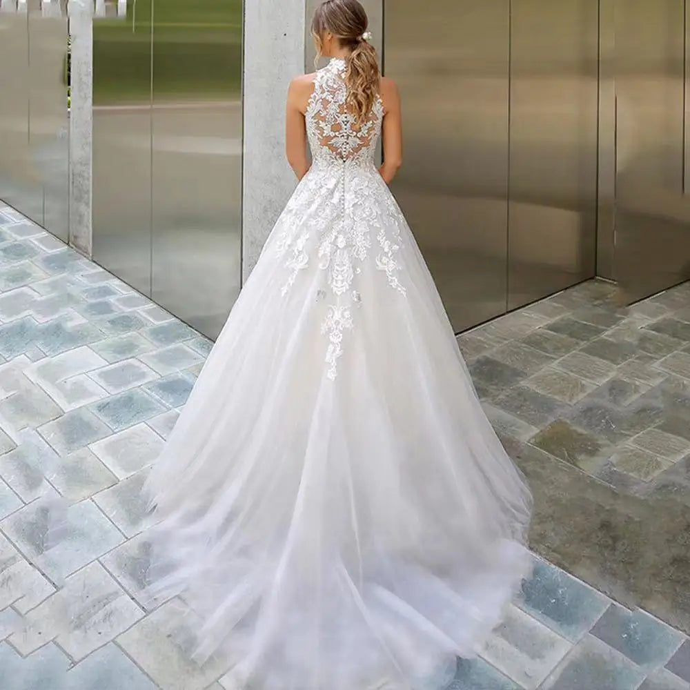 High Neck Vestidos De Novia Appliques Vestido De Noiva Sleeveless Wedding Dresses Lace Robe De Mariée-payinti
