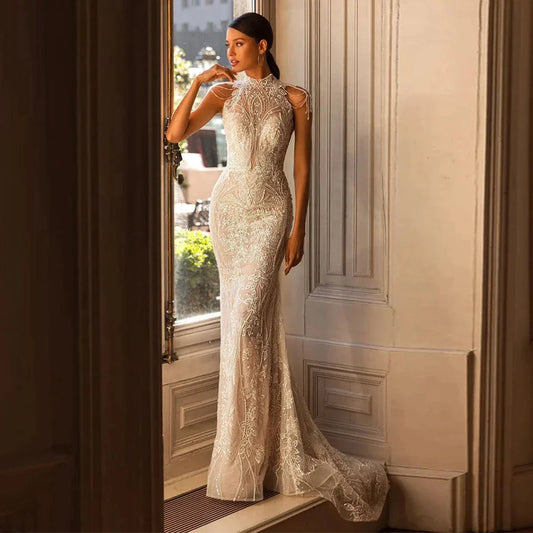 High Neck Wedding Dresses Women's Elegant Tulle Backless Bohemian Beads Sequins Applique Beach Bridal Gowns Vestidos Novia-payinti